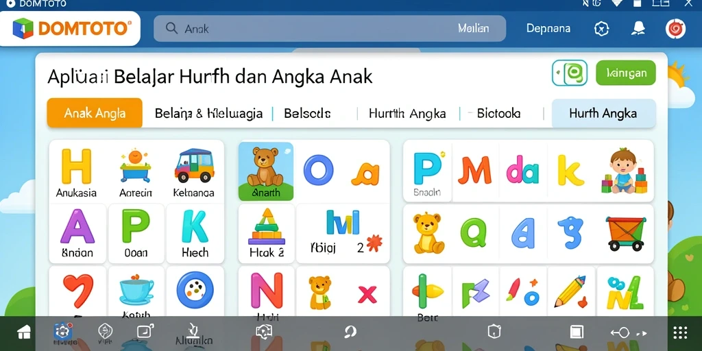 Antarmuka pengguna DOMTOTO yang menarik untuk Belajar Huruf dan Angka.
